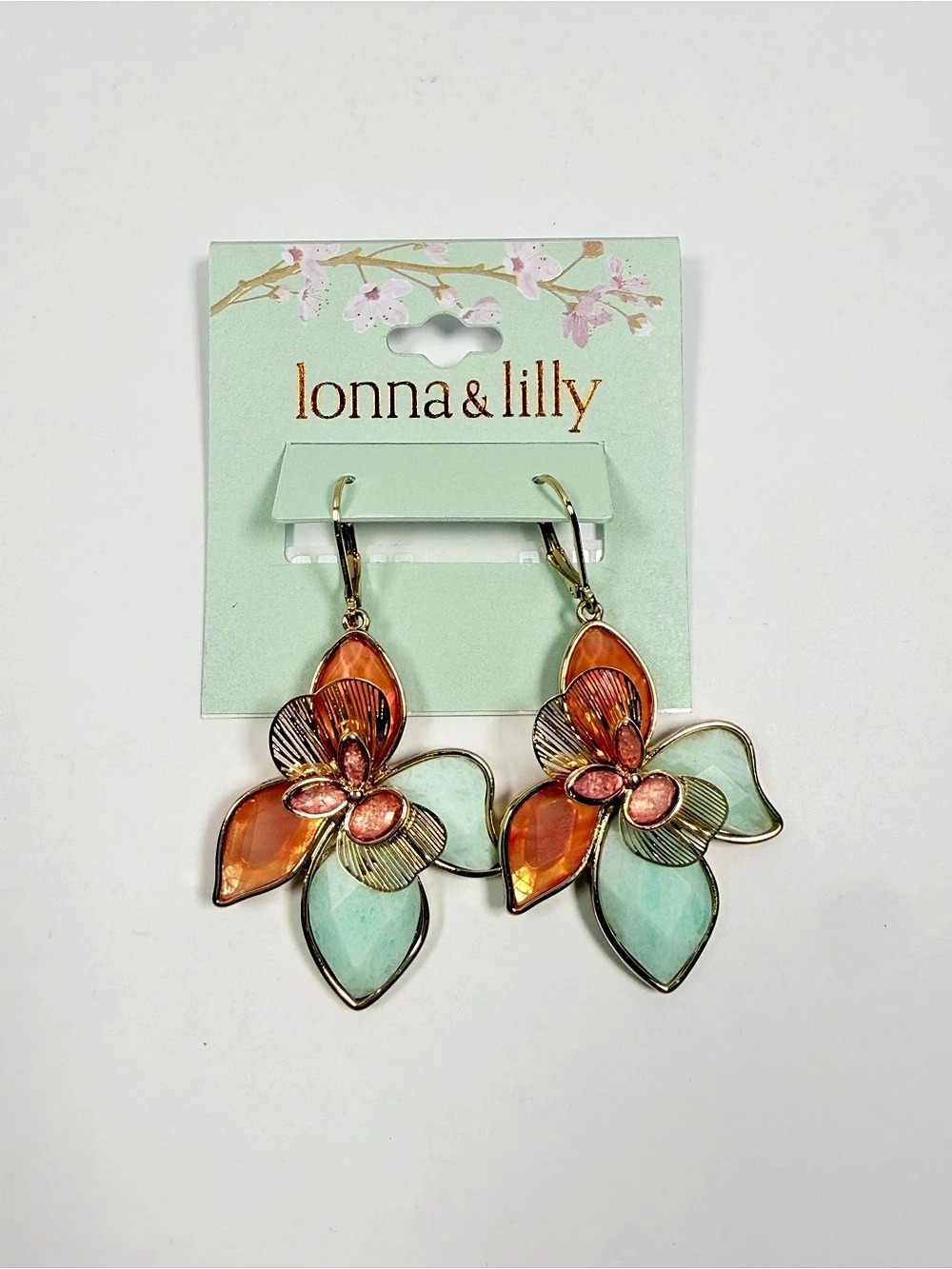Ionna & Lilly Floral Drop Earrings in Green & Orange NWT